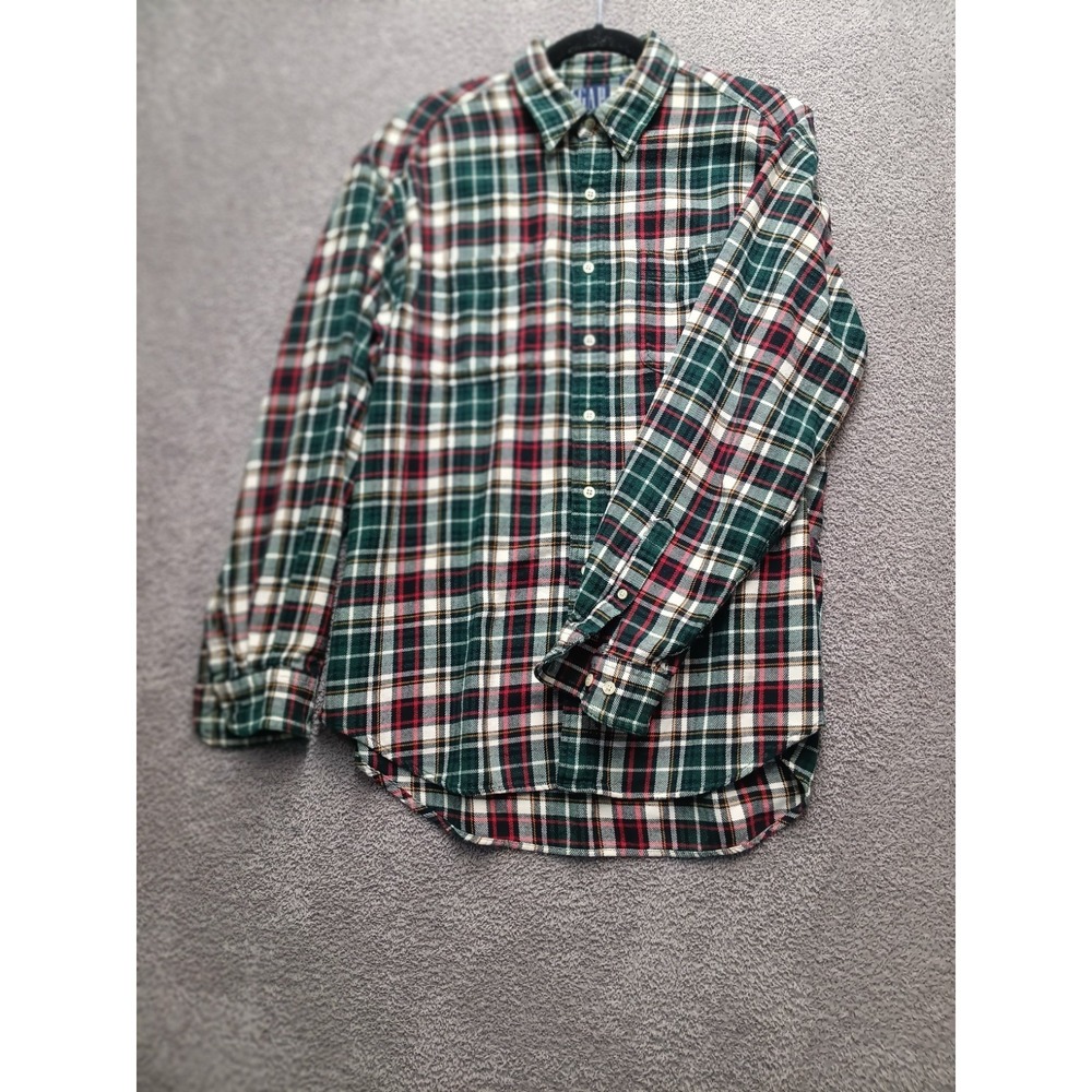 GAP Vintage Flannel Shirt Men's L White/Teal Plaid 100% Cotton Hong Kong